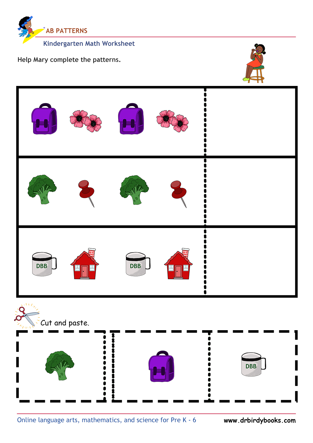 Kindergarten Math AB Patterns Worksheet with cut and paste activity.