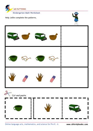 Kindergarten Math AB Patterns Worksheet with cut and paste activity.