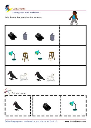 Kindergarten Math AB Patterns Worksheet with cut and paste activity.