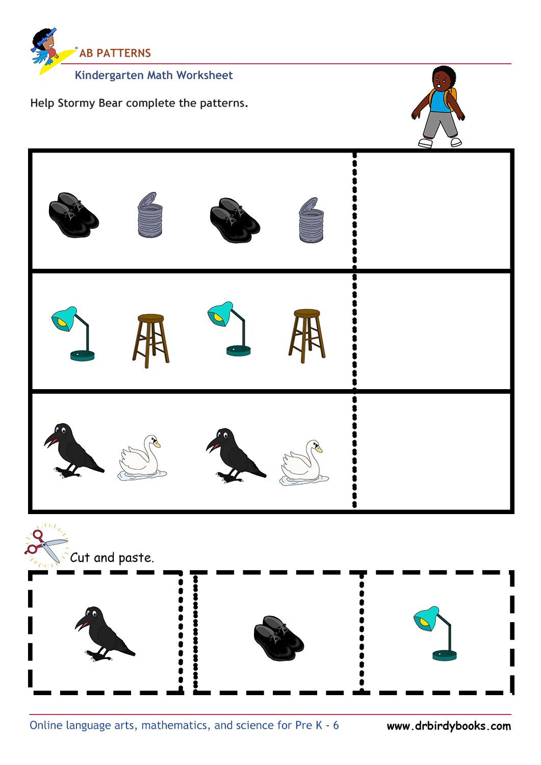 Kindergarten Math AB Patterns Worksheet with cut and paste activity.