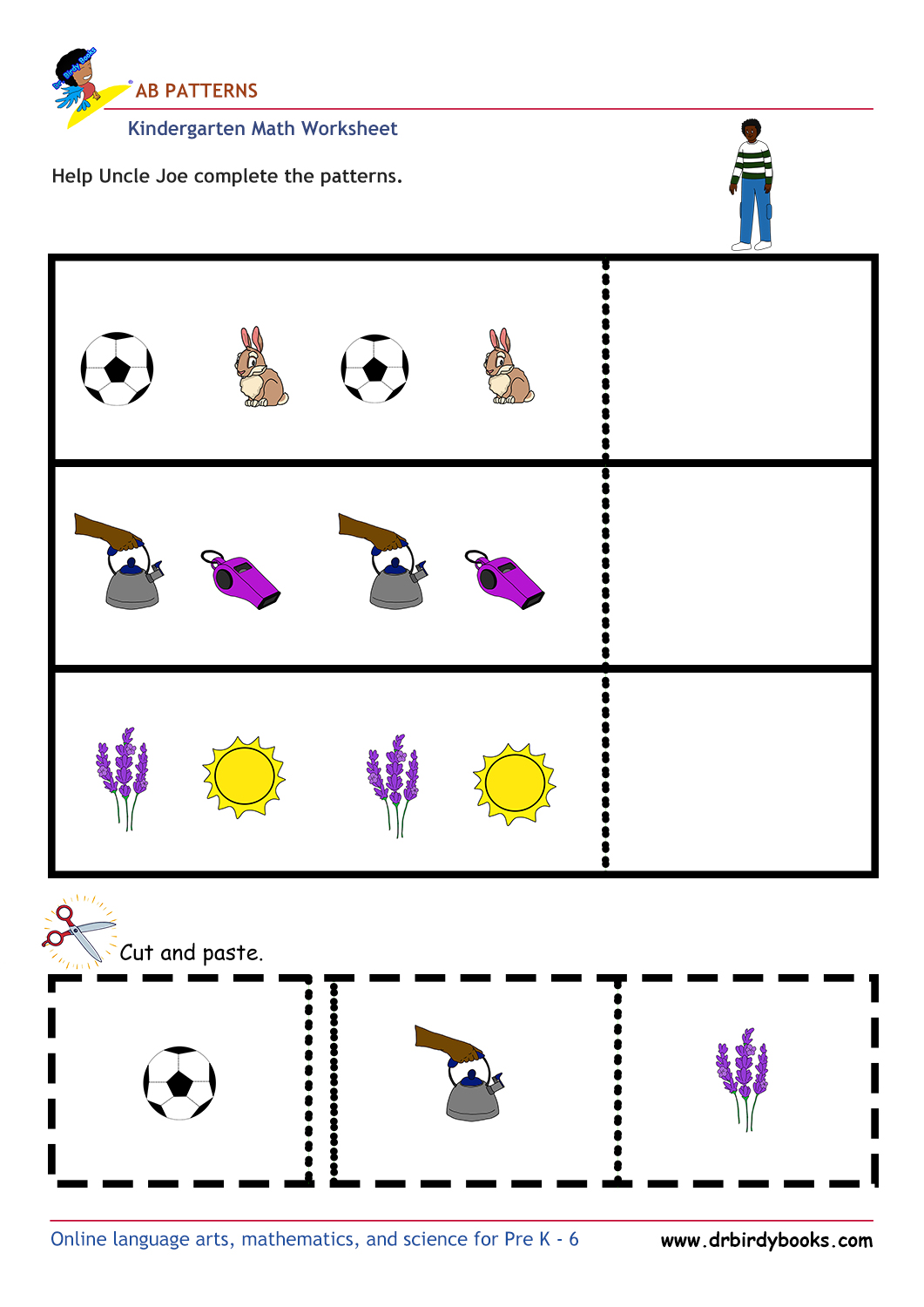 Kindergarten Math AB Patterns Worksheet with cut and paste activity.