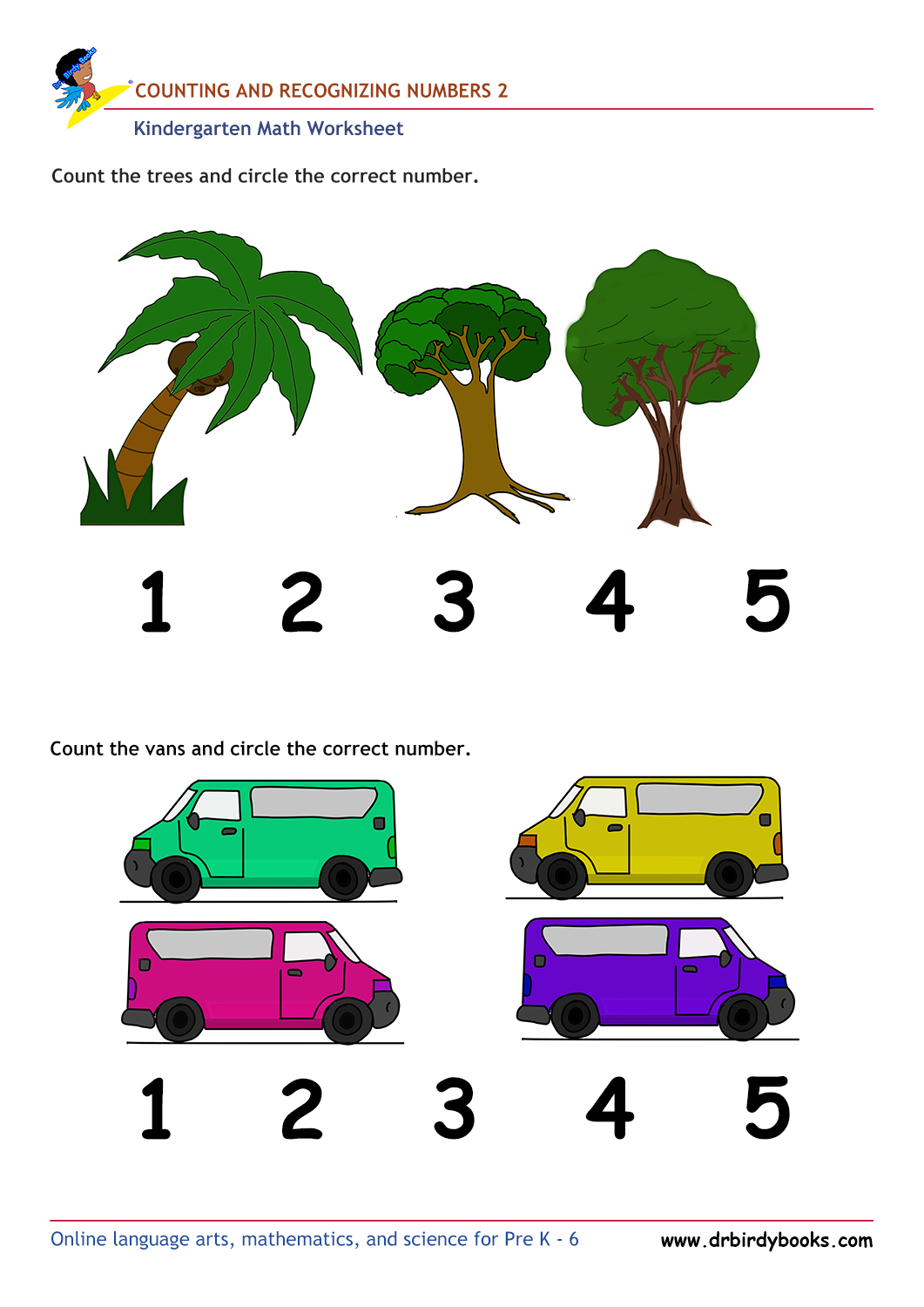 Kindergarten Math Numbers and Counting Worksheet with items to count.