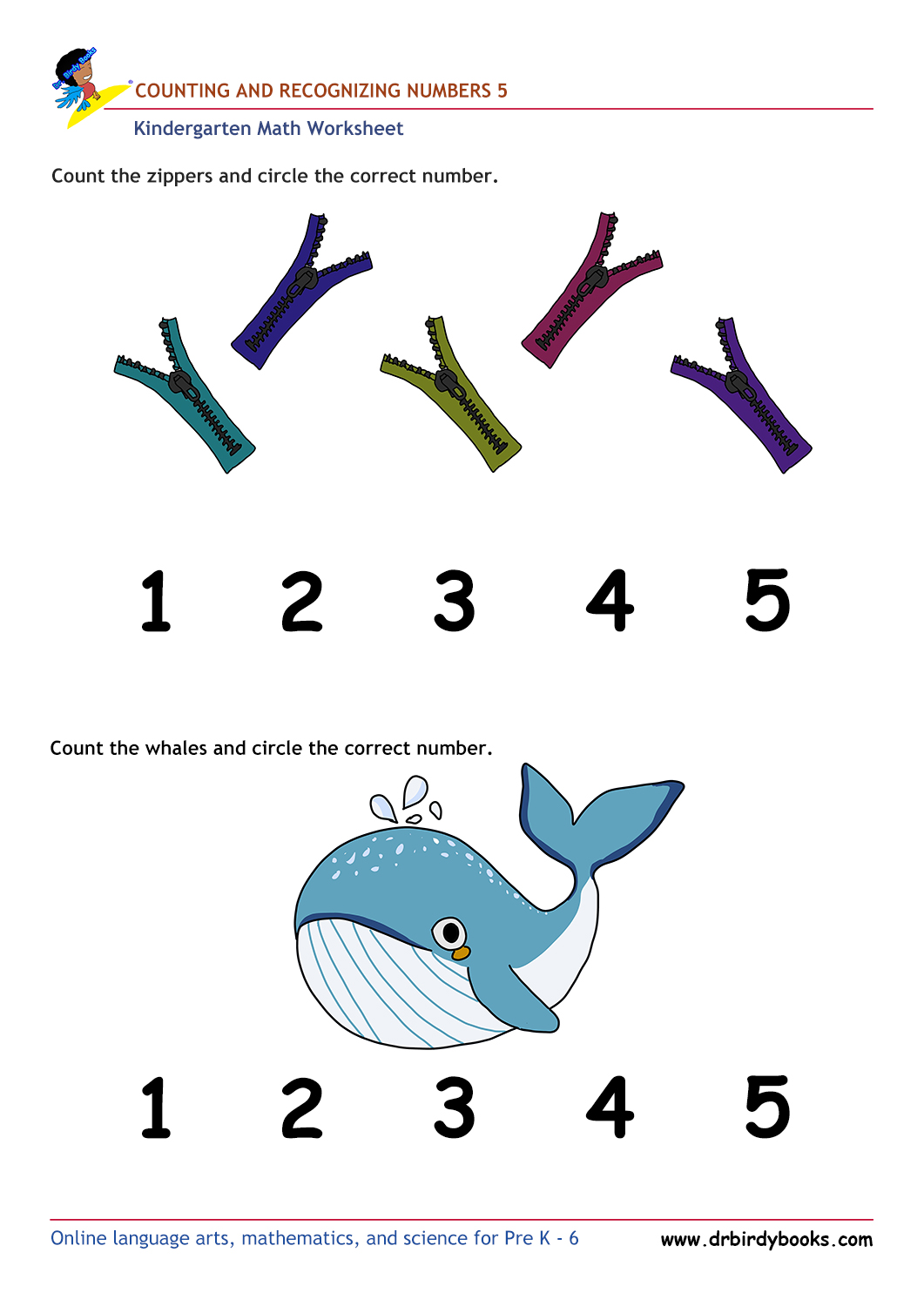 Kindergarten Math Numbers and Counting Worksheet with items to count.