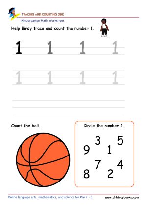 Kindergarten Math Tracing and Counting Worksheet showing numbers to trace and items to count.