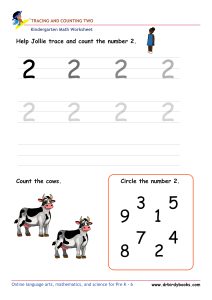 Kindergarten Math Tracing and Counting Worksheet showing numbers to trace and items to count.