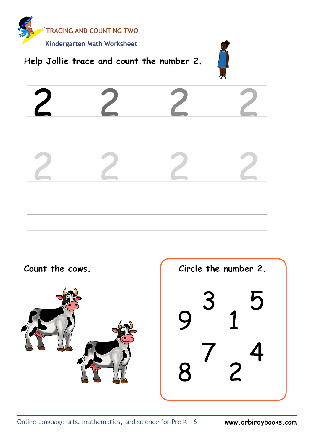 Kindergarten Math Tracing and Counting Worksheet showing numbers to trace and items to count.
