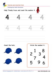 Kindergarten Math Tracing and Counting Worksheet showing numbers to trace and items to count.