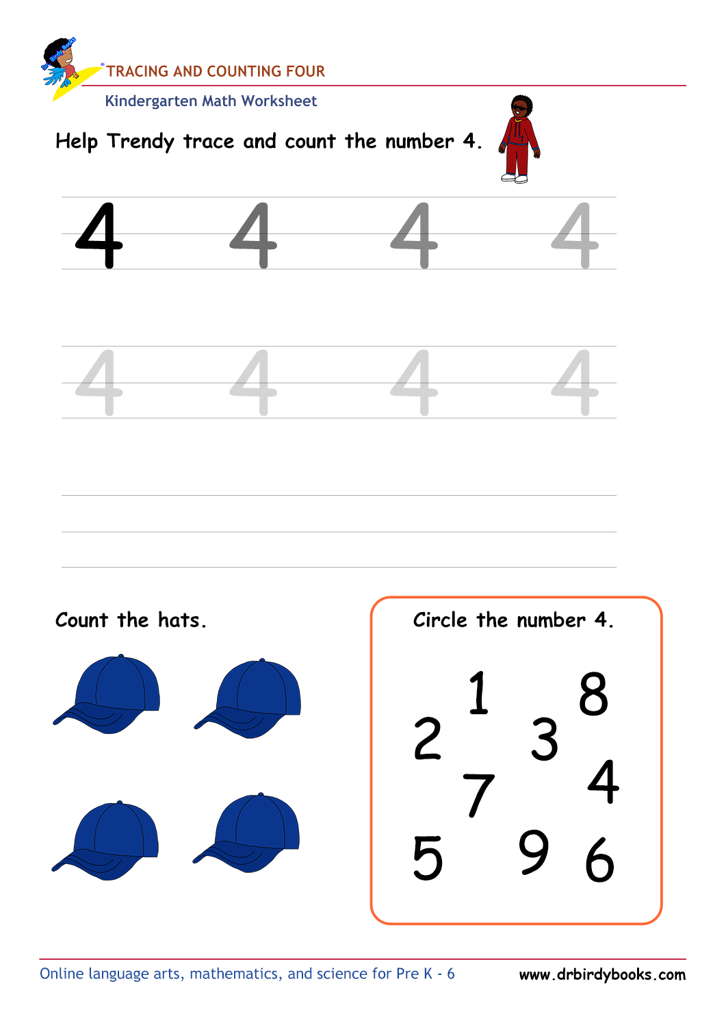 Kindergarten Math Tracing and Counting Worksheet showing numbers to trace and items to count.