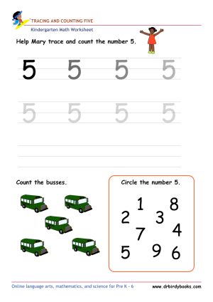 Kindergarten Math Tracing and Counting Worksheet showing numbers to trace and items to count.