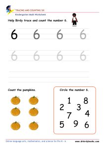 Kindergarten Math Tracing and Counting Worksheet showing numbers to trace and items to count.