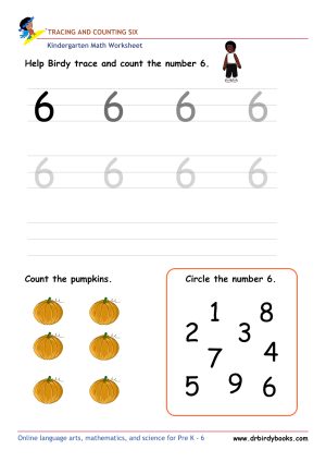 Kindergarten Math Tracing and Counting Worksheet showing numbers to trace and items to count.