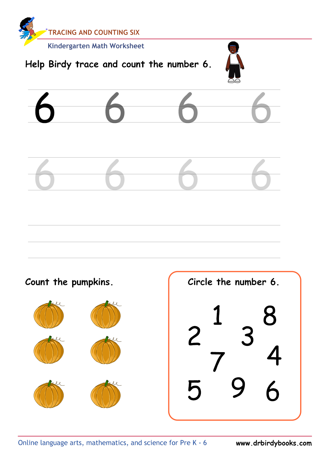 Kindergarten Math Tracing and Counting Worksheet showing numbers to trace and items to count.
