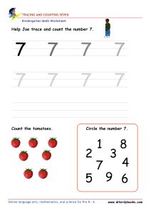 Kindergarten Math Tracing and Counting Worksheet showing numbers to trace and items to count.