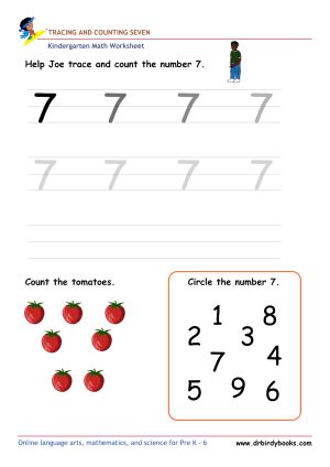 Kindergarten Math Tracing and Counting Worksheet showing numbers to trace and items to count.