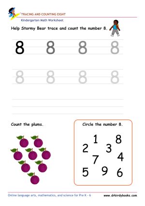 Kindergarten Math Tracing and Counting Worksheet showing numbers to trace and items to count.
