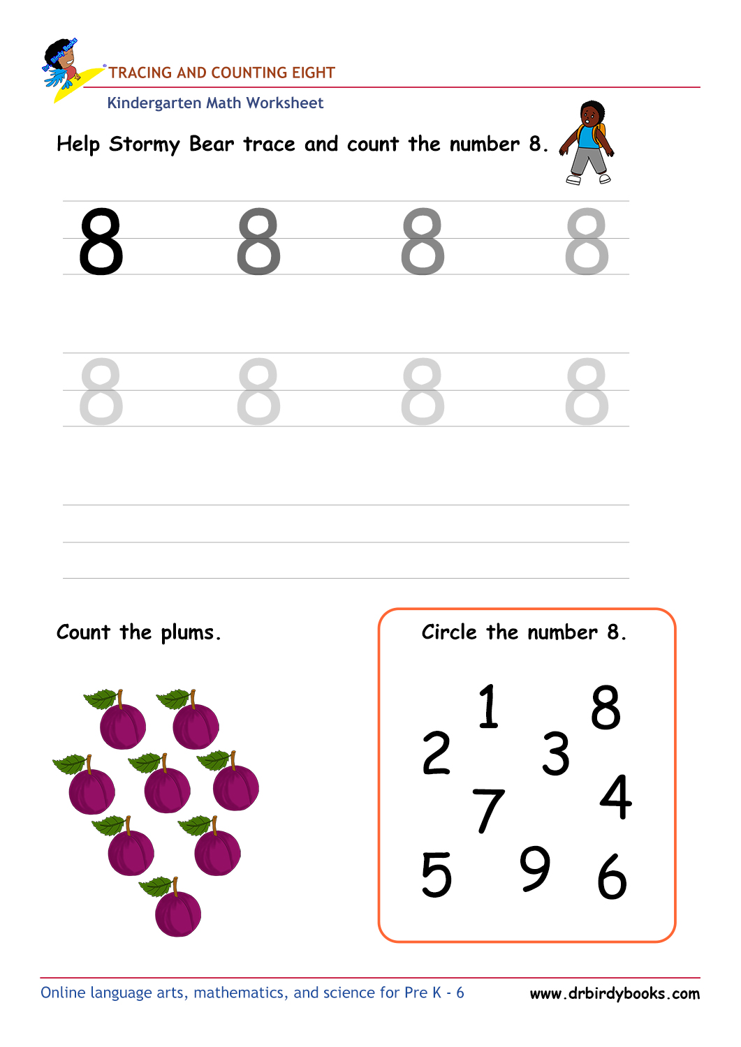 Kindergarten Math Tracing and Counting Worksheet showing numbers to trace and items to count.
