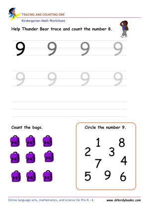 Kindergarten Math Tracing and Counting Worksheet showing numbers to trace and items to count.