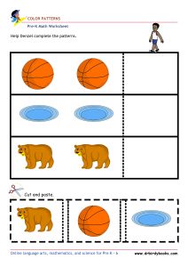 Pre K Math AA Patterns Worksheet with cut and paste color matching activity.