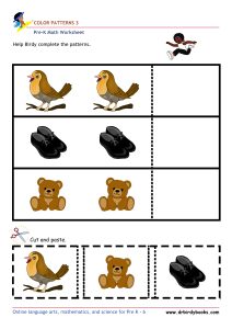 Pre K Math AA Patterns Worksheet with cut and paste color matching activity.