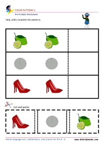 Pre K Math AA Patterns Worksheet with cut and paste color matching activity.
