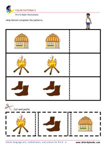 Pre K Math AA Patterns Worksheet with cut and paste color matching activity.