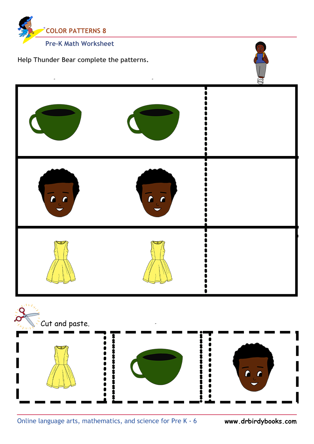 Pre K Math AA Patterns Worksheet with cut and paste color matching activity.