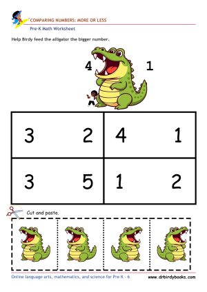 Pre K Math Comparing Numbers Worksheet with alligator cut and paste activity.