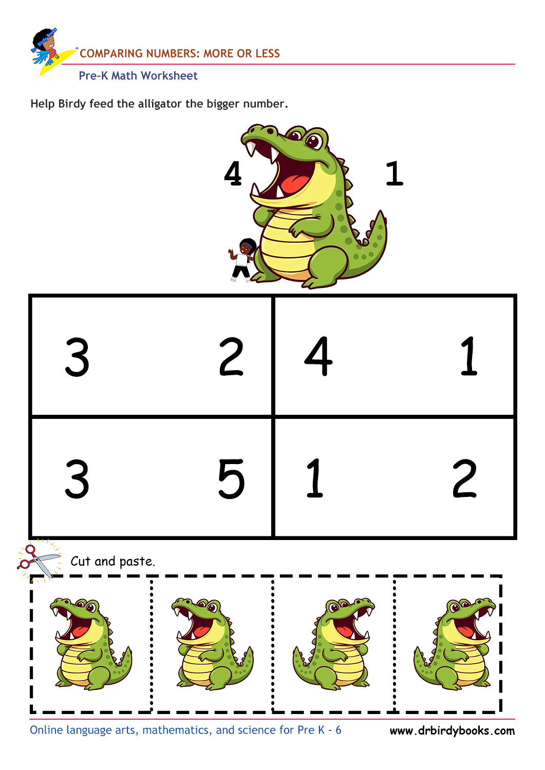 Pre K Math Comparing Numbers Worksheet with alligator cut and paste activity.