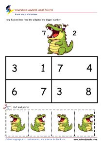 Pre K Math Comparing Numbers Worksheet with alligator cut and paste activity.