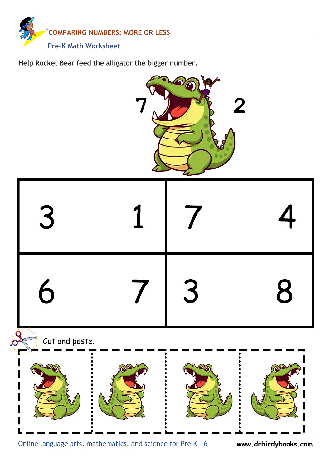 Pre K Math Comparing Numbers Worksheet with alligator cut and paste activity.