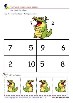 Pre K Math Comparing Numbers Worksheet with alligator cut and paste activity.