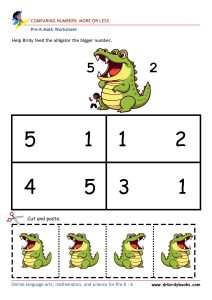 Pre K Math Comparing Numbers Worksheet with alligator cut and paste activity.