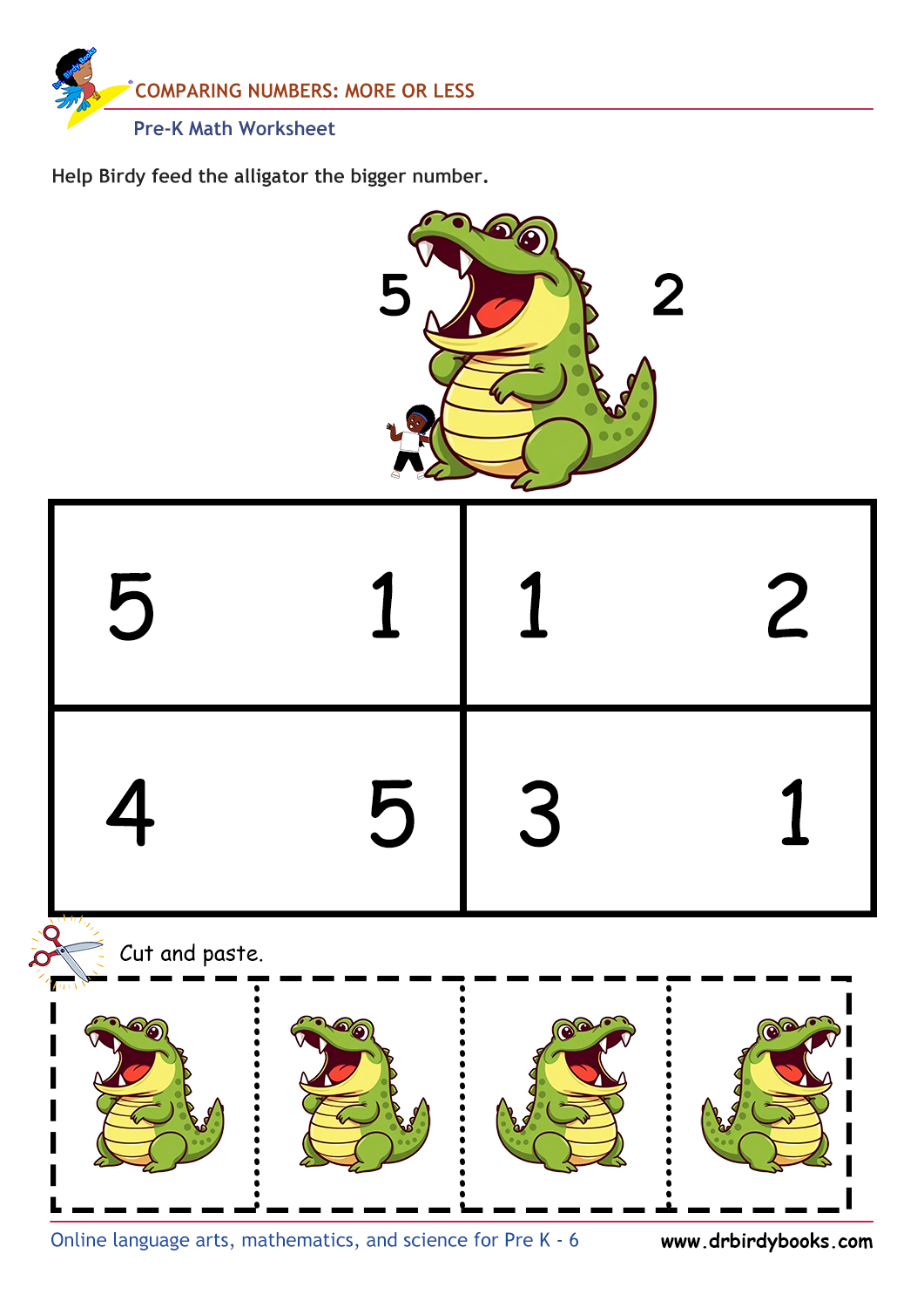 Pre K Math Comparing Numbers Worksheet with alligator cut and paste activity.