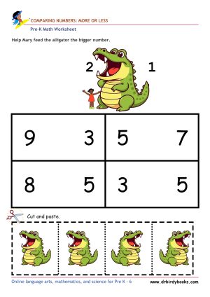 Pre K Math Comparing Numbers Worksheet with alligator cut and paste activity.