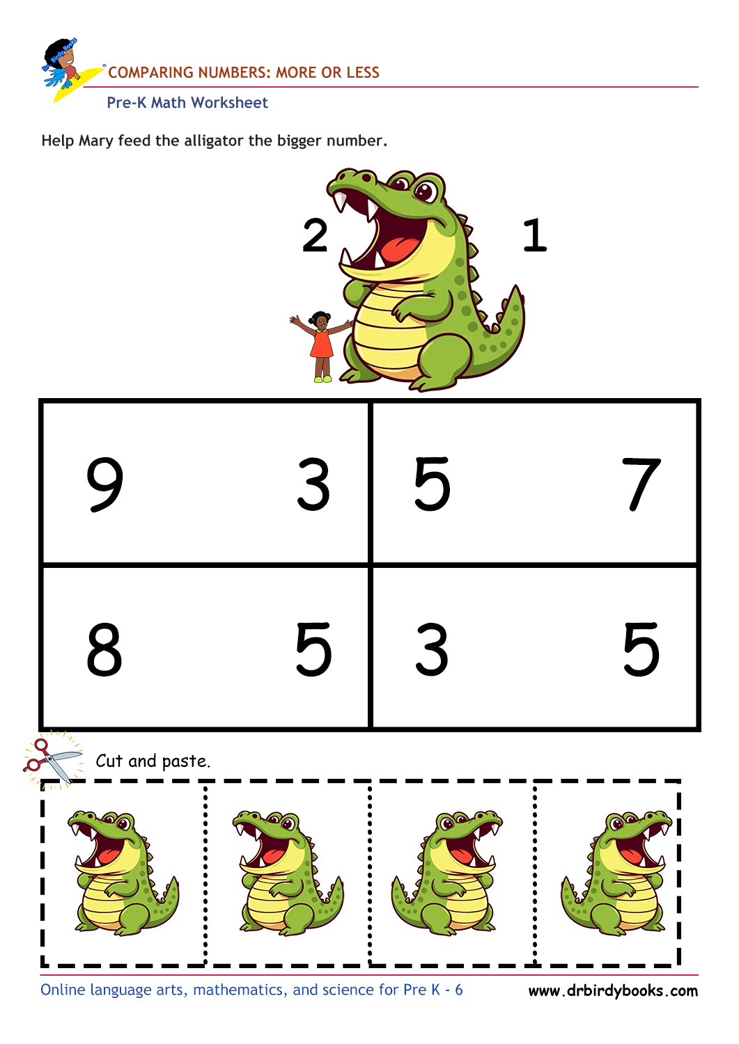 Pre K Math Comparing Numbers Worksheet with alligator cut and paste activity.