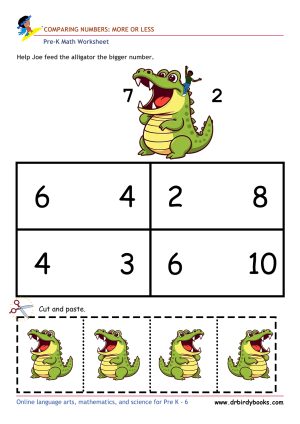 Pre K Math Comparing Numbers Worksheet with alligator cut and paste activity.