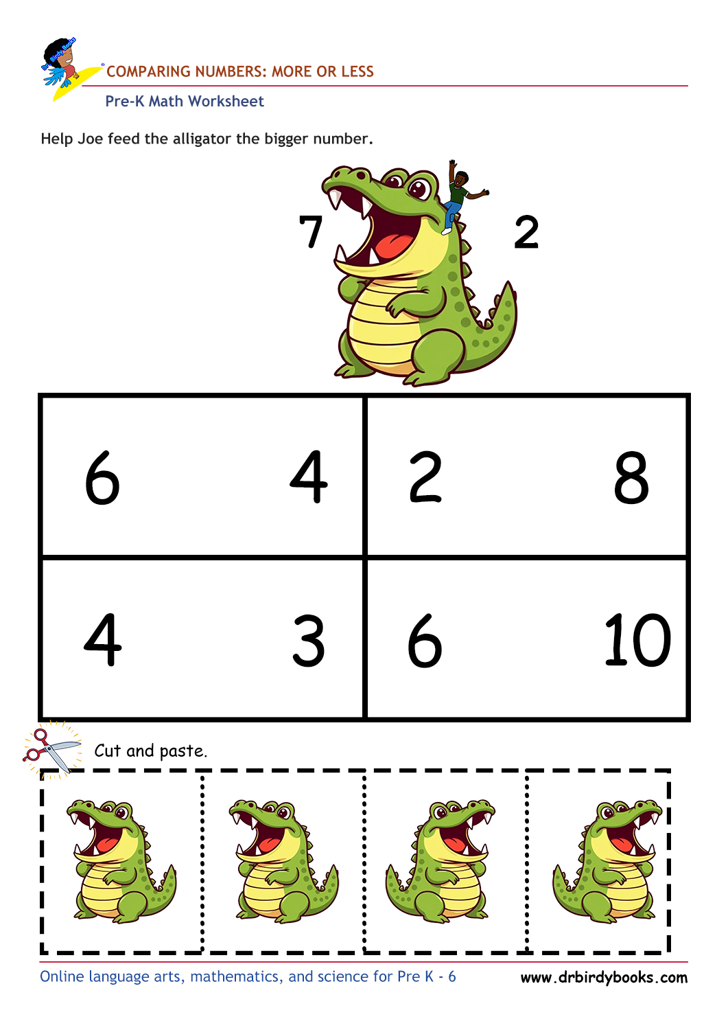 Pre K Math Comparing Numbers Worksheet with alligator cut and paste activity.