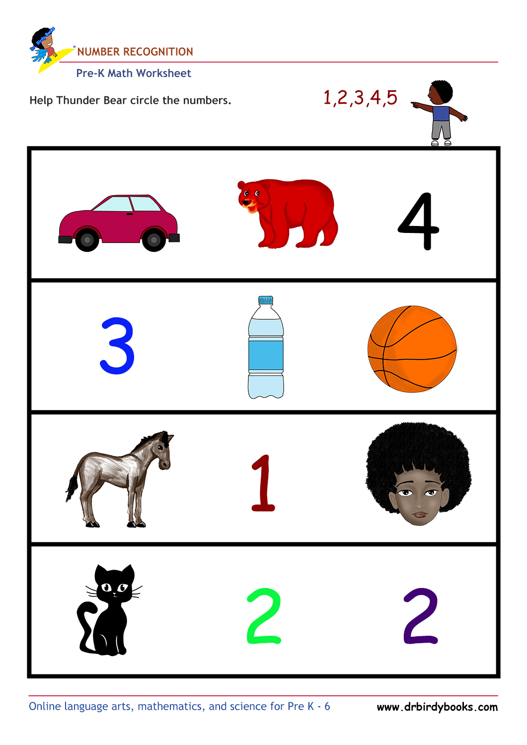 Pre K Math Number Recognition Worksheet with pictures and numbers.