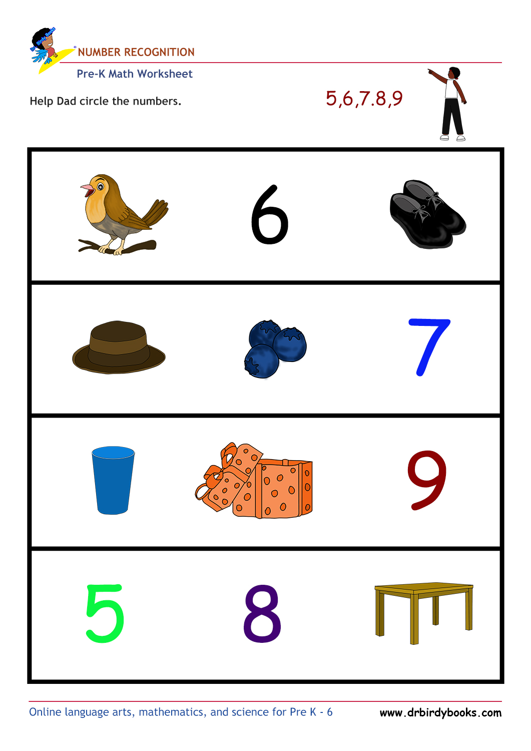 Pre K Math Number Recognition Worksheet with pictures and numbers.