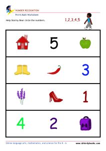 Pre K Math Number Recognition Worksheet with pictures and numbers.