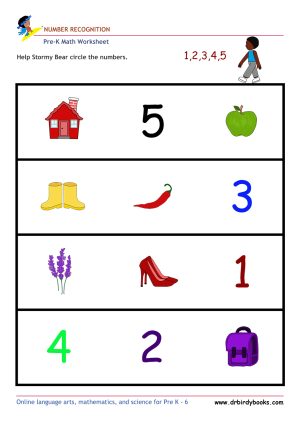 Pre K Math Number Recognition Worksheet with pictures and numbers.