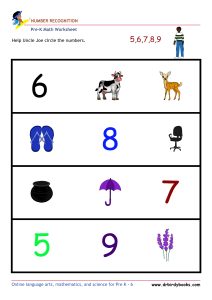 Pre K Math Number Recognition Worksheet with pictures and numbers.