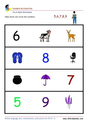 Pre K Math Number Recognition Worksheet with pictures and numbers.