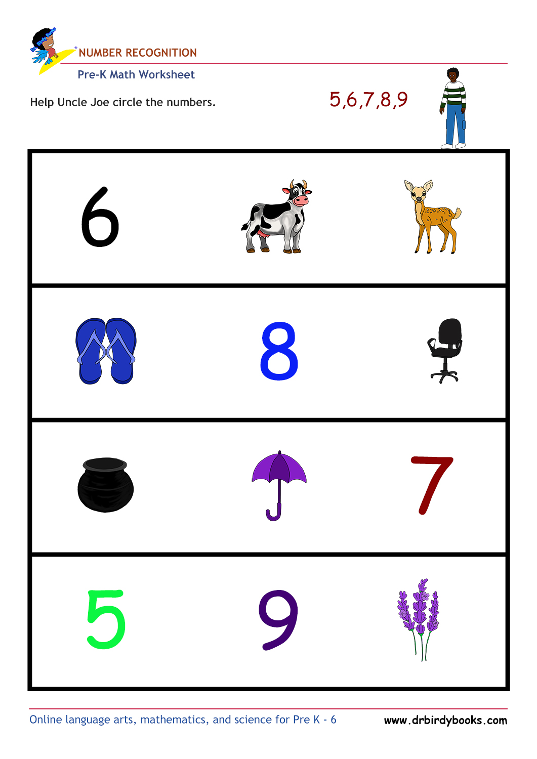 Pre K Math Number Recognition Worksheet with pictures and numbers.