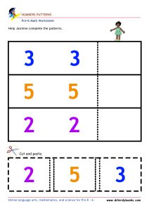 Pre K Math Number Patterns Worksheet with cut and paste activity.