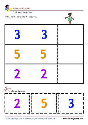 Pre K Math Number Patterns Worksheet with cut and paste activity.