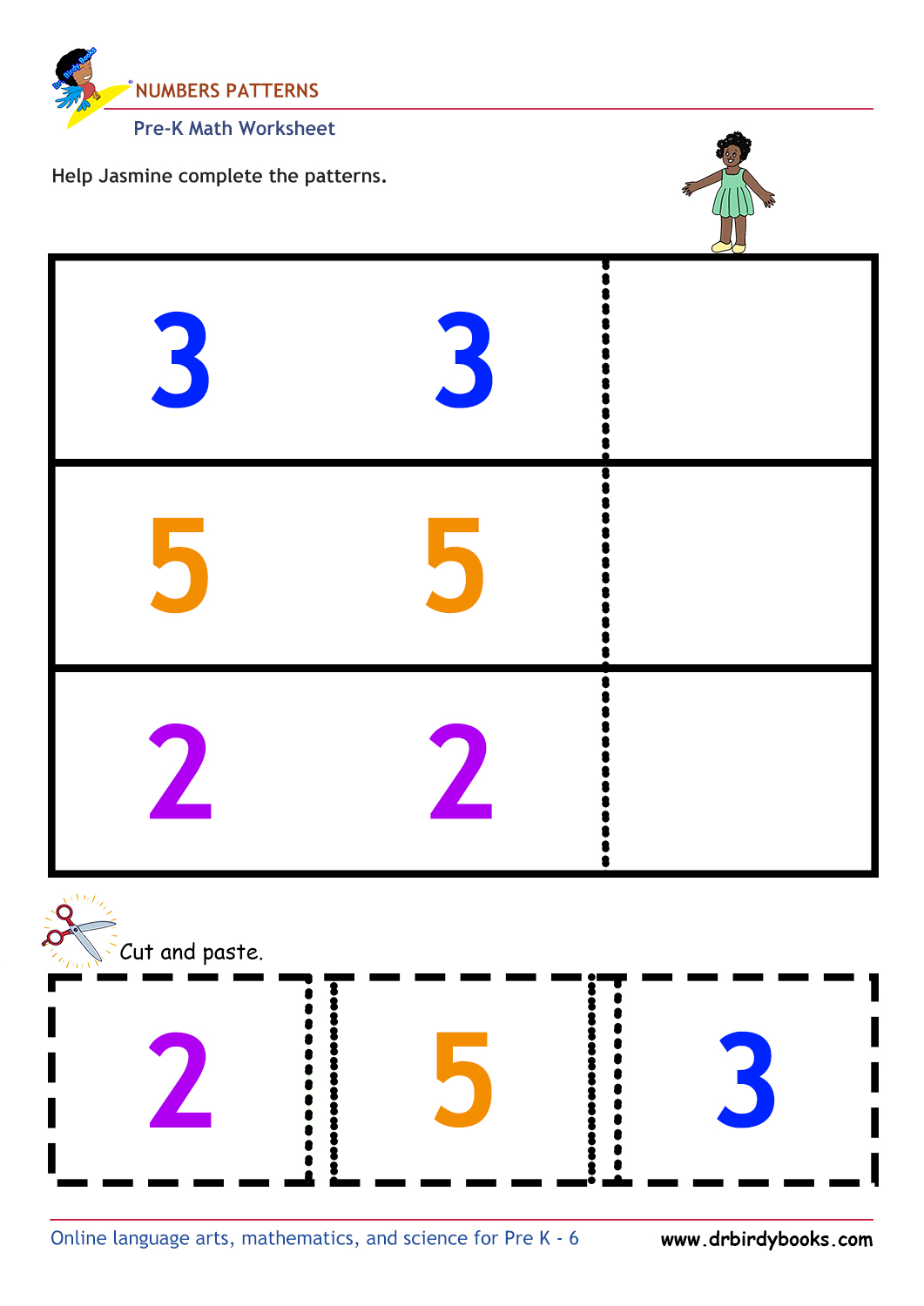 Pre K Math Number Patterns Worksheet with cut and paste activity.