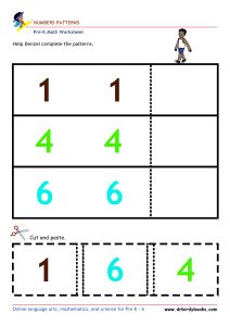 Pre K Math Number Patterns Worksheet with cut and paste activity.