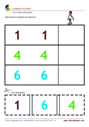 Pre K Math Number Patterns Worksheet with cut and paste activity.