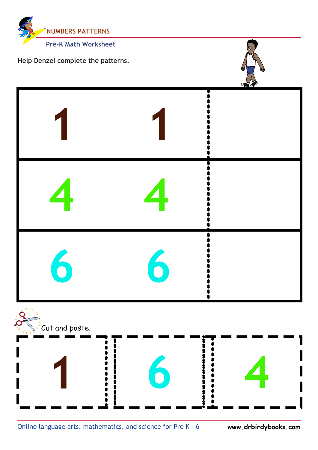 Pre K Math Number Patterns Worksheet with cut and paste activity.